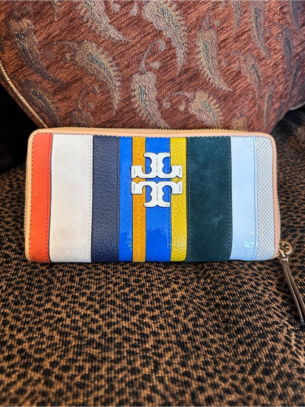 Tory Burch Balloon Stripe Continental Zip Around Wallet